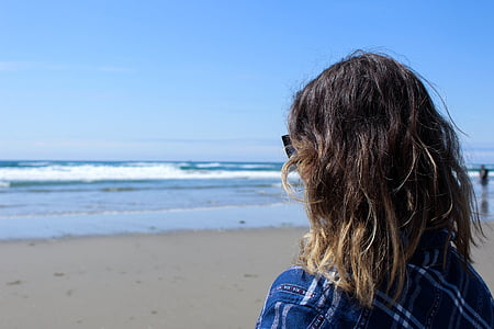 person, wearing, blue, top, front, sea, waves