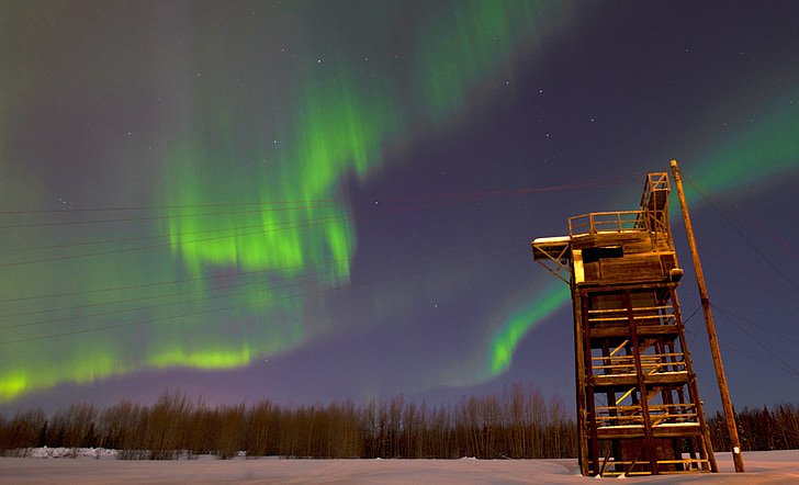 Alaska, aurora boreal, llums del nord, cel, verd, estructura, nit