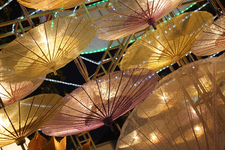 Tailandas, skėčiai nuo saulės, festivalis, naktį, žibintai, skėtis, kelionės