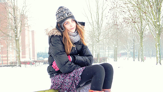 Gadis, dingin, salju, musim dingin, rok, topi, bersalju