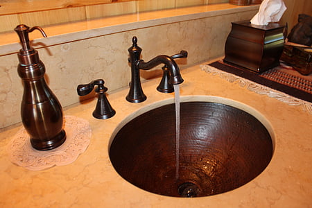 sink, copper, bathroom, washroom, water, running, faucet