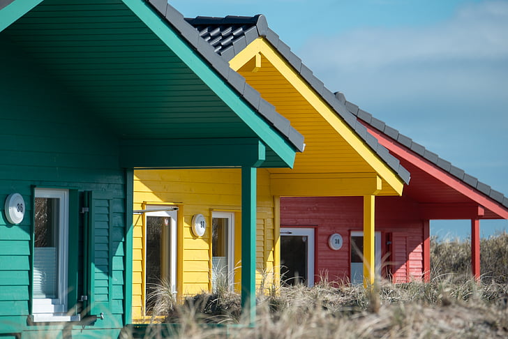 wooden houses, color, helgoland, country houses, dune, colorful, vacation