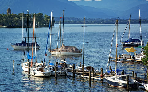 port, boats, anchorage, lake, chiemsee, sailing vessel, recovery
