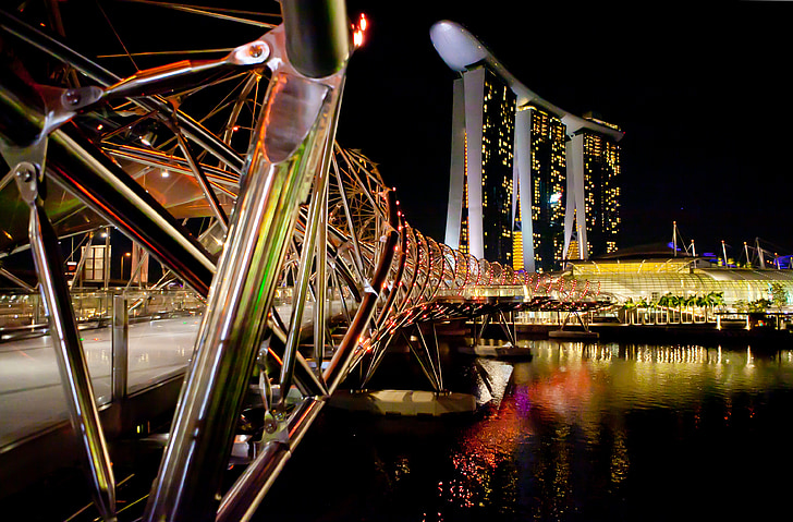 상업, 싱가포르, 야경, 바다, 도시, 건물, 밤