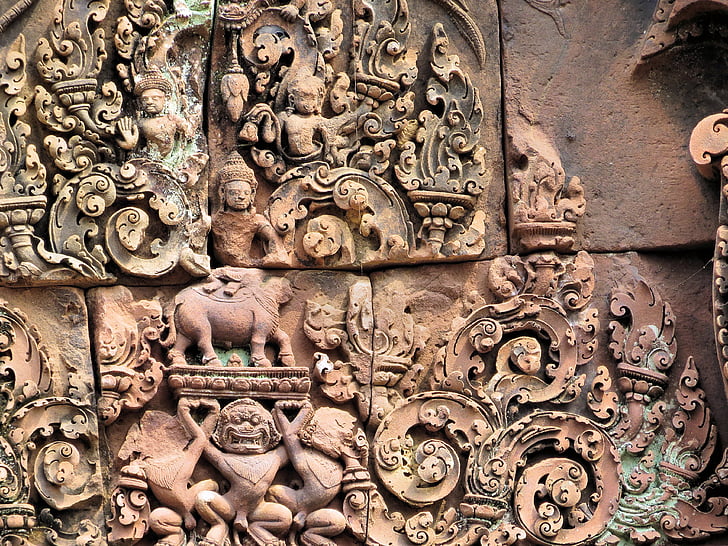 Kambodža, Ankoras, templis, Bantay krei, drupas, bareljefs, reliģija