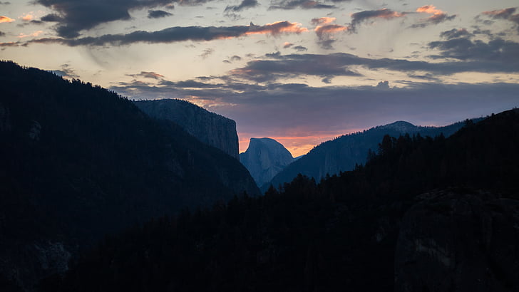 Foto, snježne, planine, Zora, šuma, zalazak sunca, Yosemite