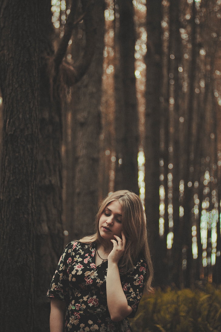 blonde, haired, woman, woods, female, lady, floral