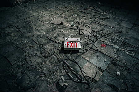 abandoned, broken, concrete, dark, dirty, exit, sign
