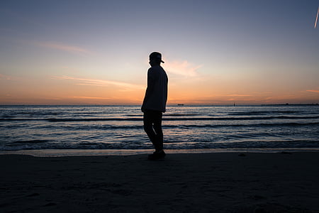 silhouette, man, standing, seashore, people, alone, beach