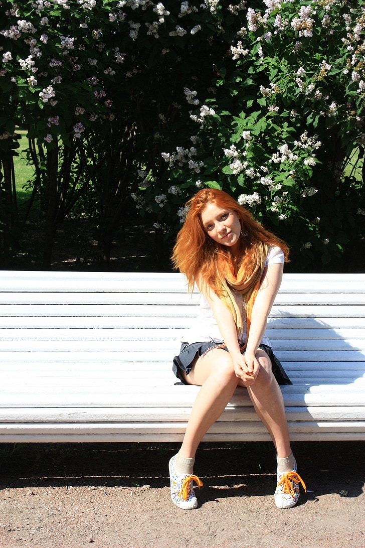 park, bench, summer, redhead, sun, girl, nature