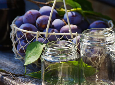plums, glasses, einweckglaeser, plum purée, plum jam, harvest, boil down