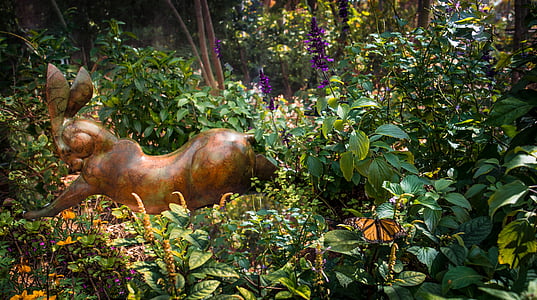rabbit, sculpture, statue, garden, green, flowers, nature