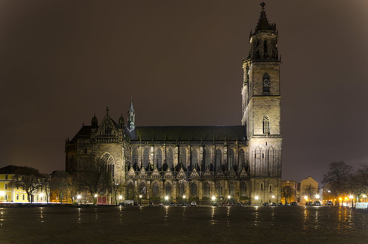 magdeburger dom, dom, church, night, illuminated, cathedral square, magdeburg