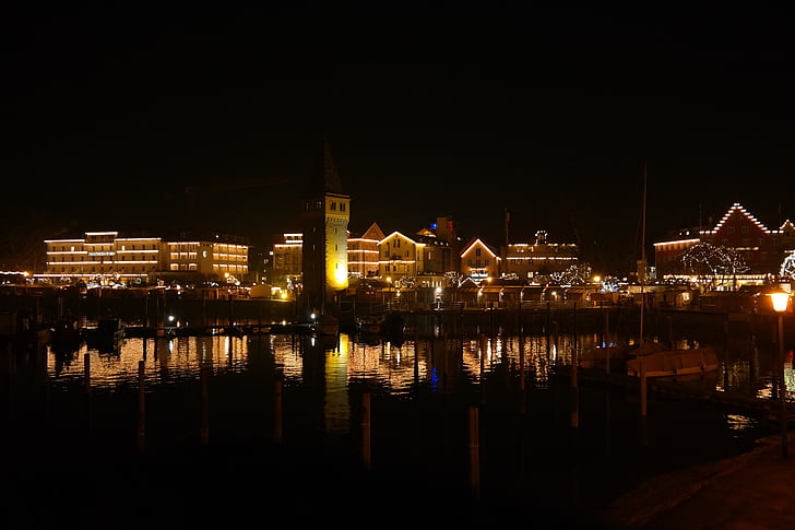 Lindau, passeig marítim, Portuària, il·luminació, mercat de Nadal, edifici, cases