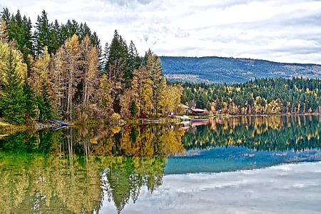 mirnom, jesen, odraz, jezero, stabla, slikovit, krajolik