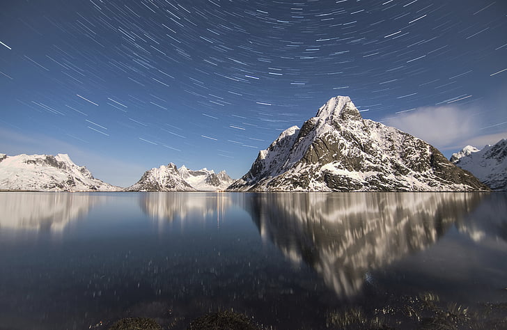 mountain, reflection, stars, night sky, star trails, snow, wilderness