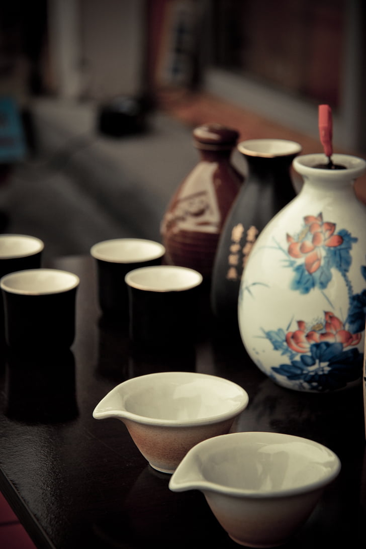 bottle, cup, ancient costume, wine, lotus, elegant, pottery