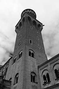 Neuschwanstein, Kasteel, München, Duitsland, zwart-wit, toren