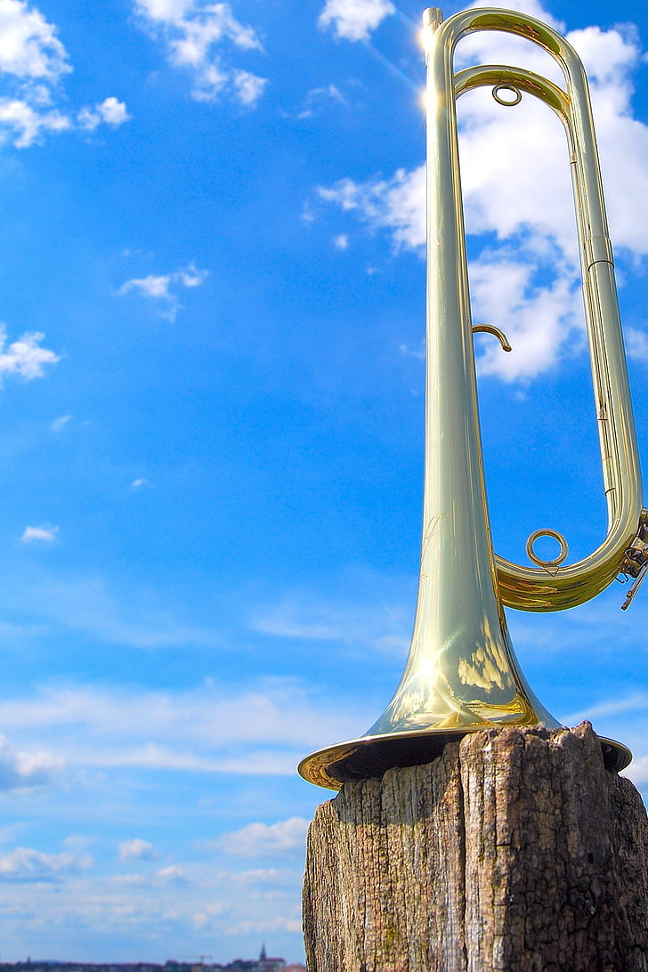 trumpet, copper, music, musical instrument, sky, blue, cloudy sky