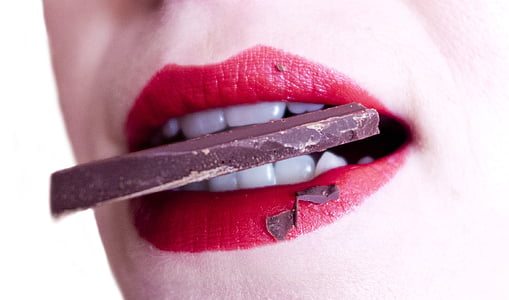 kvinne, munn, tenner, godteri, sjokolade, bite, kvinner