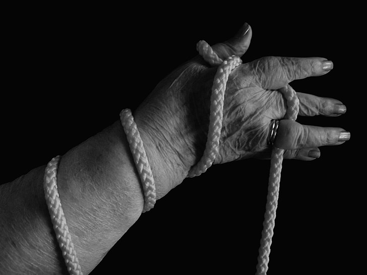 roka, virve, nozvejotas, saistības, sieviete, vecais, vecums