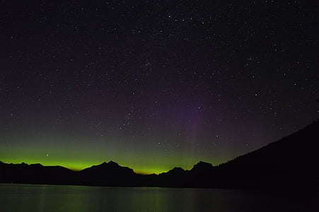 Aurora borealis, нощ, Северно сияние, живописна, вода, отражение, силуети