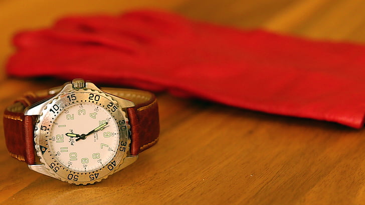 clock, wrist watch, time, glove, red, table, wood board
