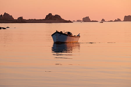 Bretagne, båt, havet, reflektion på vattnet, morgon, solnedgång, reflektion