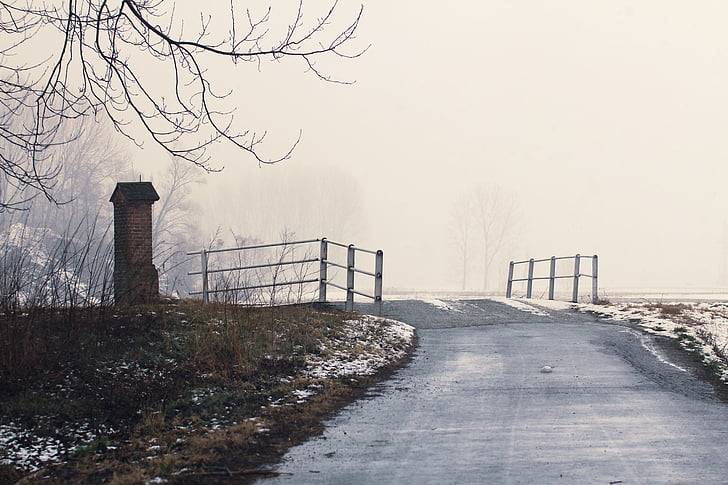 bridge, cold, country, fog, foggy, snow, winter