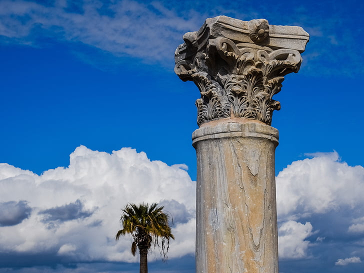 Chipre, Kourion, antiga, local, coluna, ordem coríntia, céu