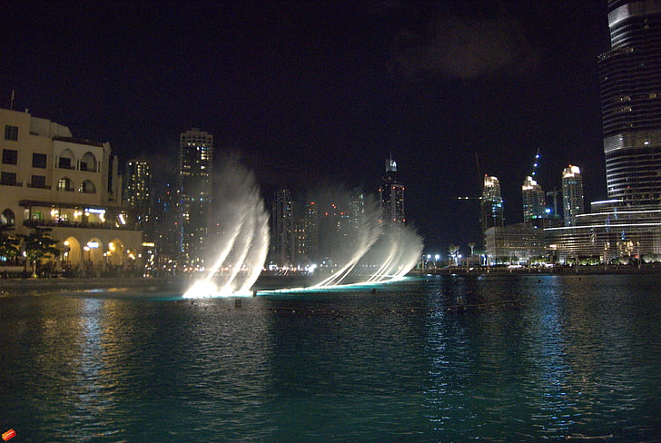 Fontana, vode, Fontana grada, ukrasne fontane, Dubai, svjetla, arhitektura