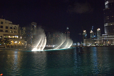 fuente, agua, ciudad de la fuente, fuentes decorativas, Dubai, luces, arquitectura