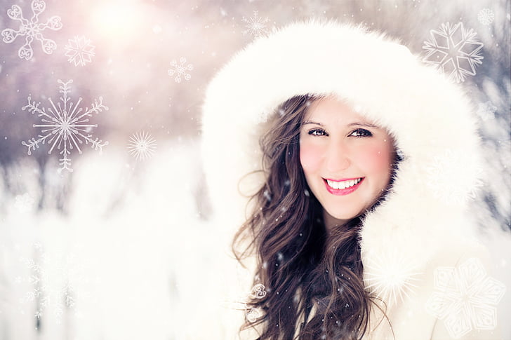 woman, snow, winter, portrait, snowflakes, smiling, cold
