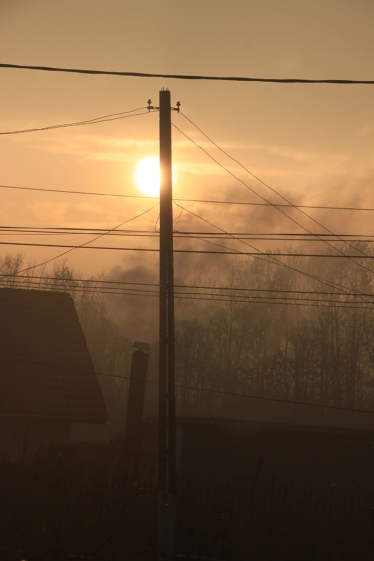 sunset, smoke, chimney, power, lines, mist, winter
