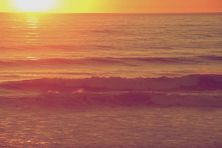 saulriets, pludmale, okeāns, jūra, viļņi, ūdens