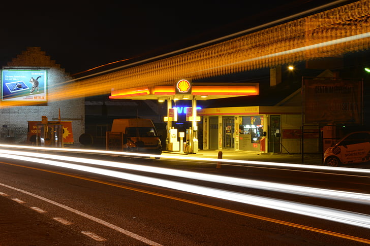 lights, night, evening, slow shutter speed, traffic, gas and service station