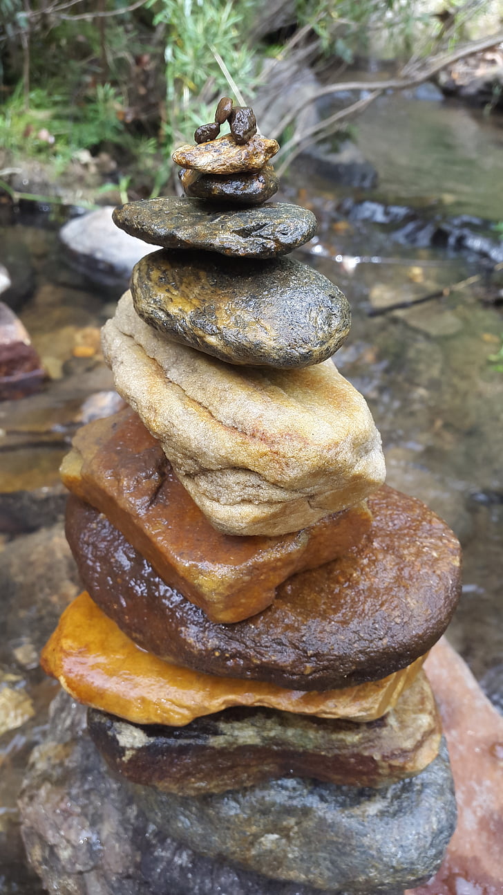 đá, ngăn xếp, cân bằng, thác nước