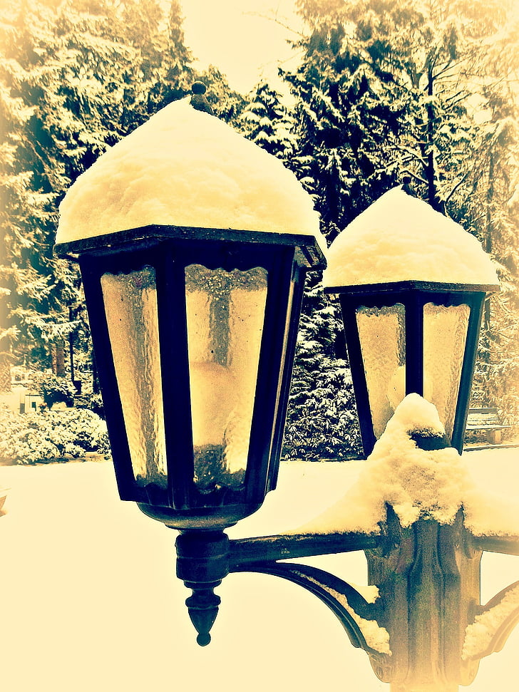 lykta, gatlykta, snö, vinter, lampor, vit, ljus