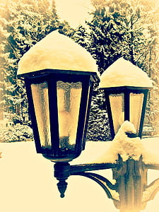 Latarnia, lampy uliczne, śnieg, zimowe, lampy, biały, światło