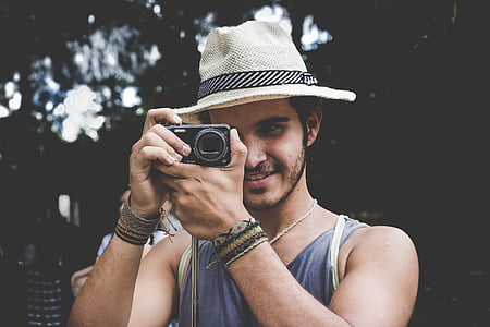 kamera, kalap, ember, személy, fotós, bevétel fénykép, fotó témák