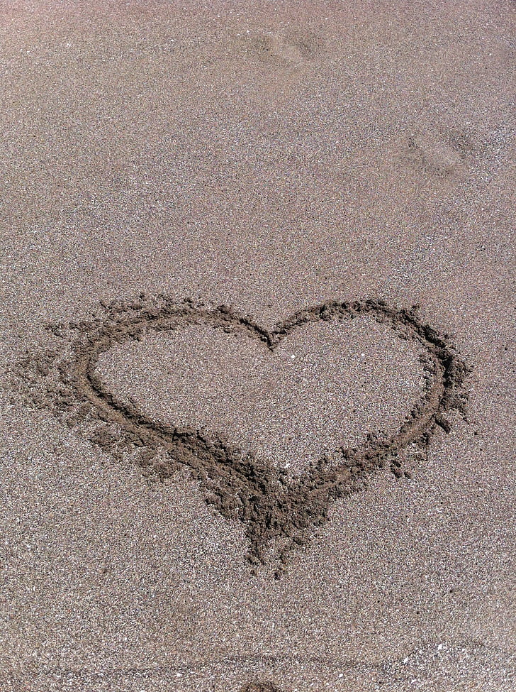 heart, beach, sand, love, traces, holiday, sand beach