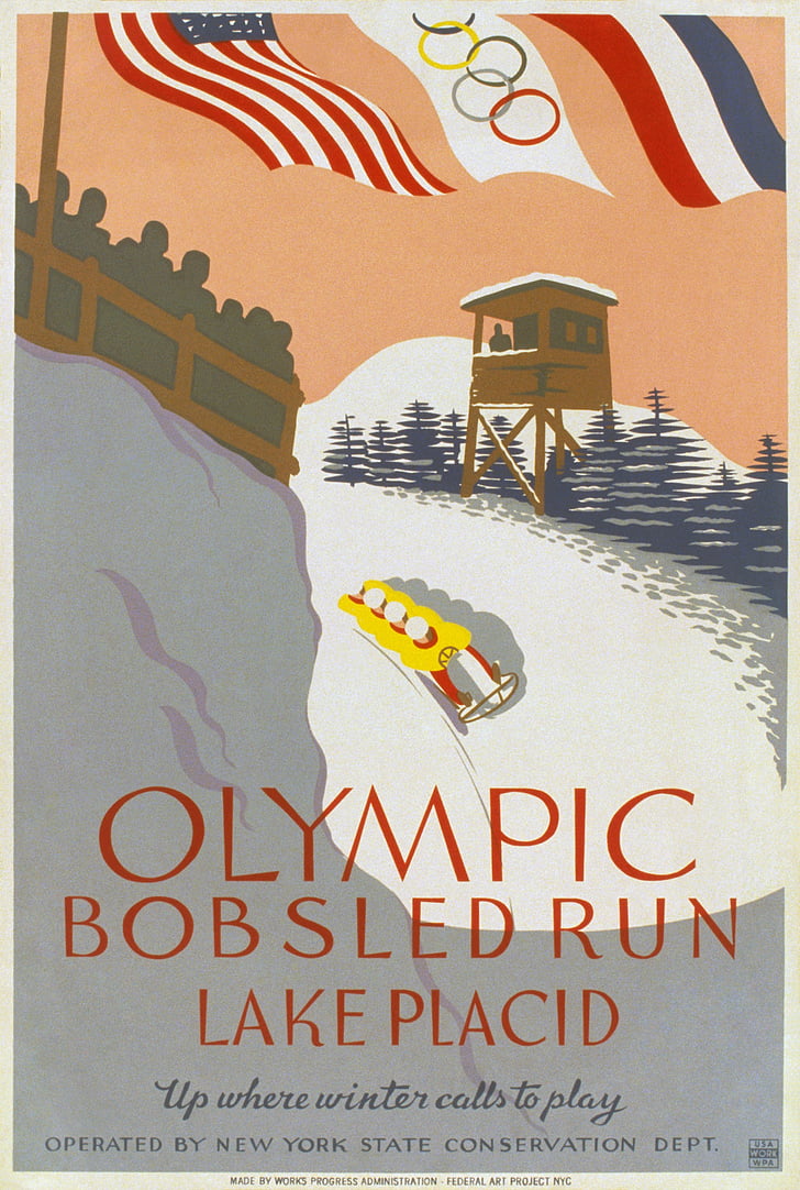 olympic games, bobsleigh, four man, 1932, poster