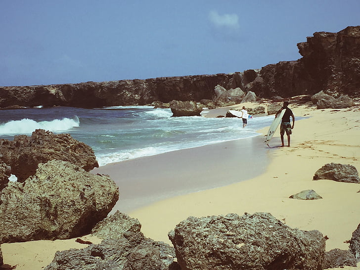 persona, llevar, tabla de surf, cerca de, orilla del mar, Playa, montaña