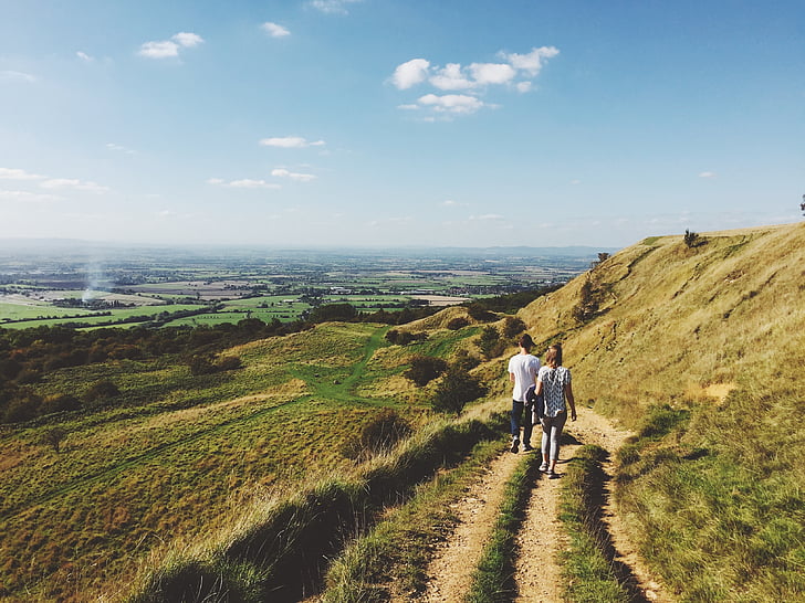 person, walking, green, field, day, time, hiking