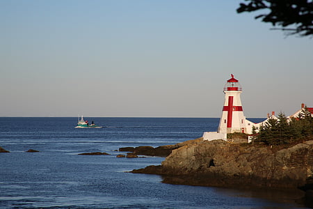 lighthouse, canada, evening, sea, water, rock, coastal