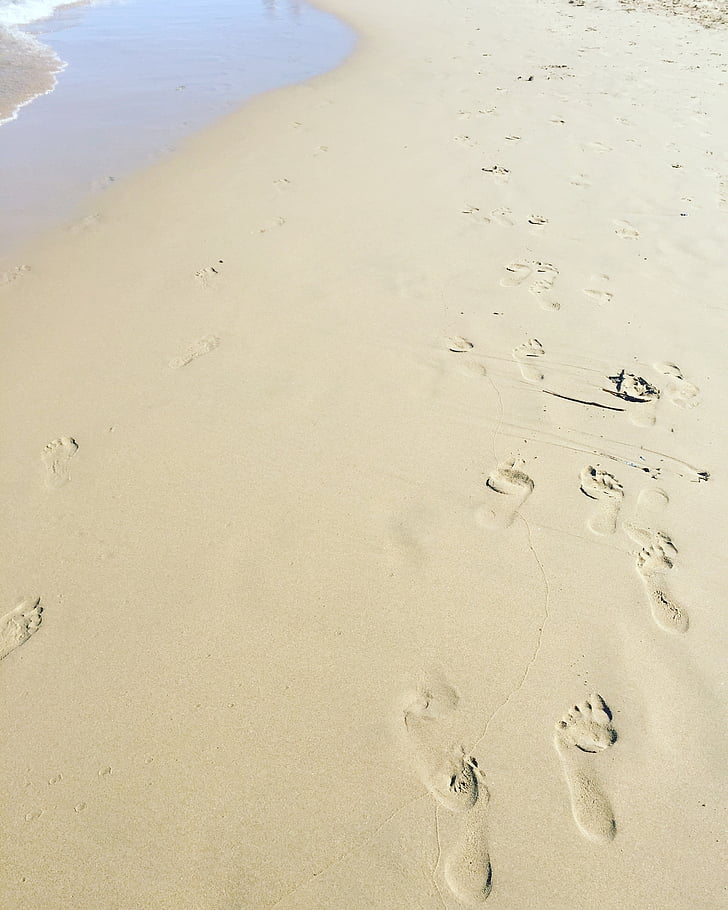 sand, sea, footprints, beach, water, summer, sun
