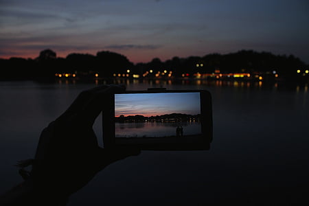 jezero, aasee, Münster, večernem soncu, sončni zahod, nebo, mobilni telefon