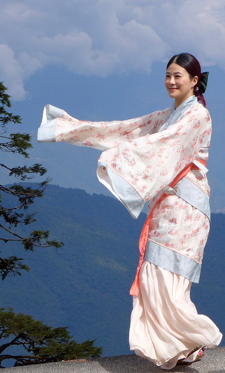 Nhật bản, vũ công, tư thế, người phụ nữ, trẻ, kimono, truyền thống