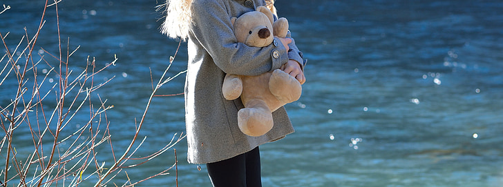 ragazza, bambino, orso, Teddy bear, carina, acqua
