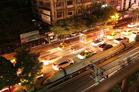 trafic, nuit, Thaï, ligne lumineuse
